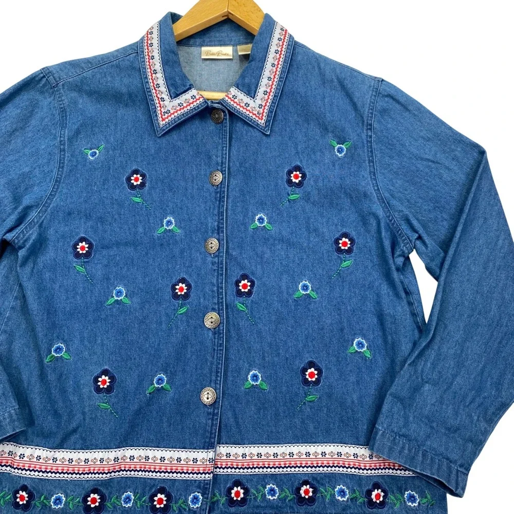 Bobbie Brooks Denim Jacket Womens L Floral Embroidered Cottagecore Button Up VTG